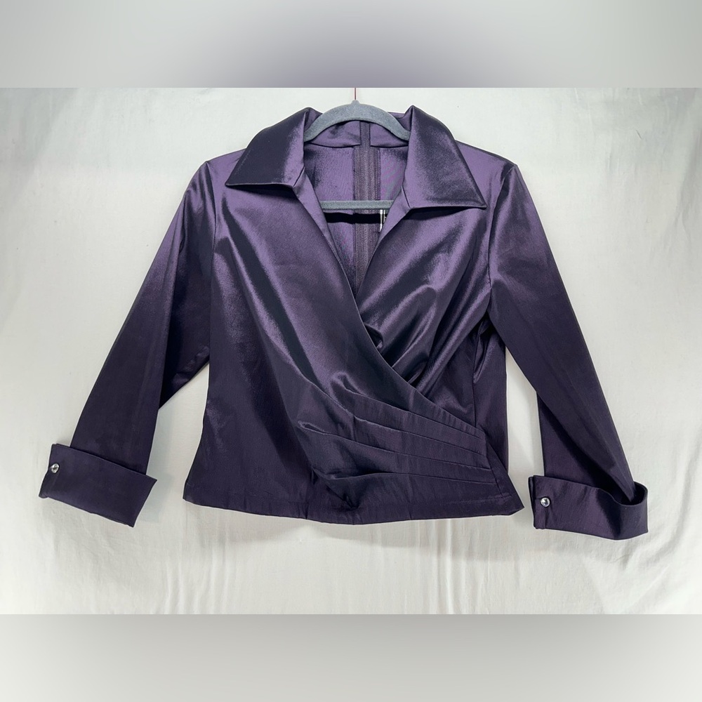 Tadashi Blouse Top Purple Iridescent Ruched V Neck Zip Wedding Formal Size 14P
